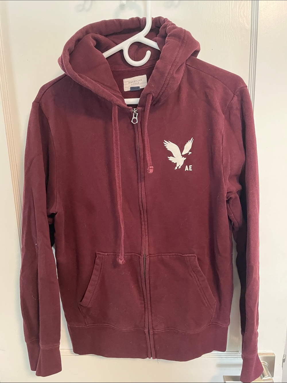 American Eagle Outfitters Maroon Full-Zip Hoodie with White Logo